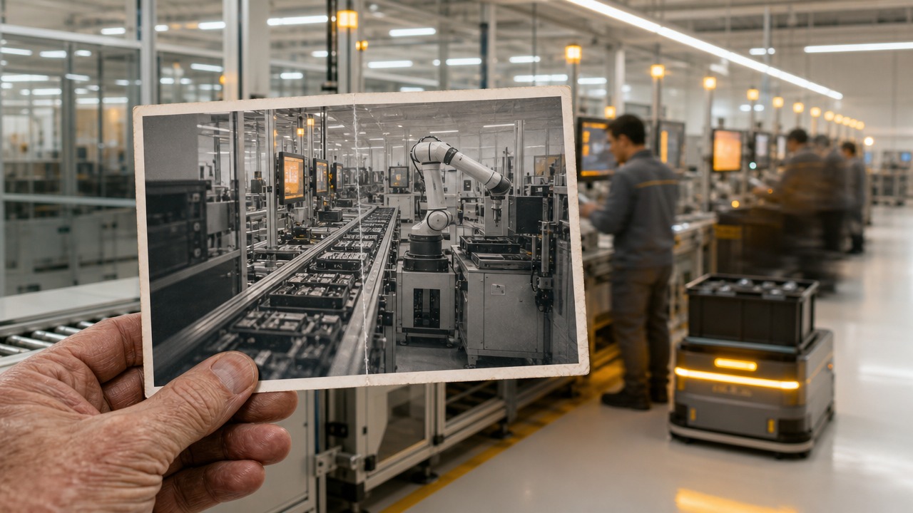 Dłoń trzyma czarno-białą fotografię linii montażowej, a za nią ta sama linia pracuje w kolorze